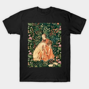 LADY AND UNICORN AMONG FLOWERS ,HARES,Red Green Floral T-Shirt